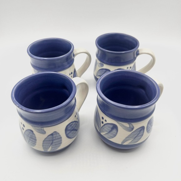 Pfaltzgraff Ceramic Coffee Mugs Villa Flora Blue Leaves Set 4 Mexico Stoneware - Picture 1 of 6